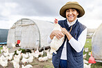 Chicken farming, woman and agriculture garden on field, environment or countryside. Portrait of happy worker, poultry farmer and animal birds of sustainability, eggs production or food trade industry