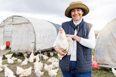 Happy chicken farmer, woman and portrait for agriculture in field, environment and countryside. Poultry farming, worker and animal birds for sustainability, eggs production and food trade industry