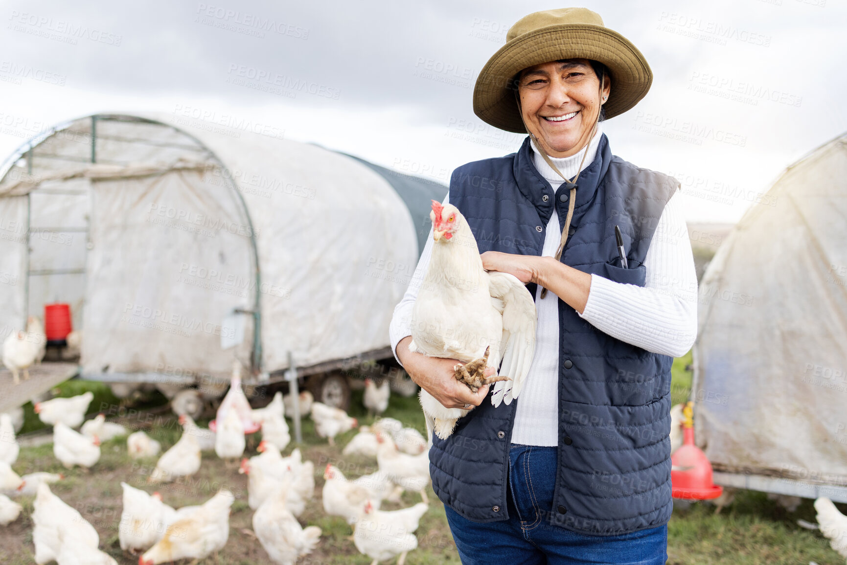 Buy stock photo Happy chicken farmer, woman and portrait for agriculture in field, environment and countryside. Poultry farming, worker and animal birds for sustainability, eggs production and food trade industry 