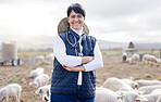 Farmer portrait, pig or happy woman with animals to check wellness or agriculture on grass field. Smile, pigs or senior person working in countryside farming bacon meat livestock in pork production