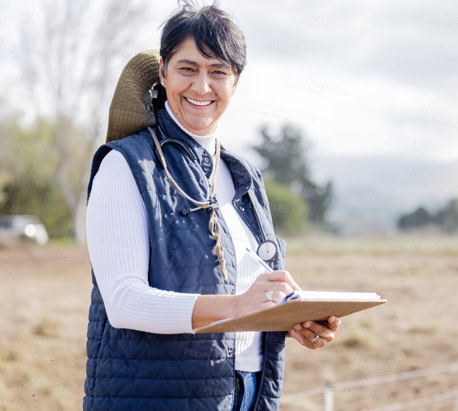 Buy stock photo Farm veterinary, clipboard and woman in portrait for healthcare inspection, agriculture checklist and agro research. Vet doctor, medical check and mature farmer person writing notes with happy face