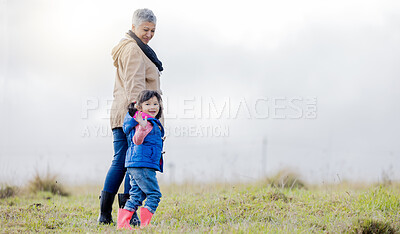 Buy stock photo Farmer, kid and parent with child on a farm with mockup and teaching future generation about organic farming or sustainability. Portrait, waving and mother with little girl learning ecology