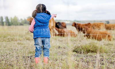 Buy stock photo Farm, cow and a girl from the back looking at cattle on an agricultural field for sustainability or dairy farming. Children, agriculture and livestock with a little kid outdoor alone on a beef ranch