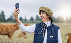 Video call, selfie and vet on a farm for consulting, communication and conversation about animals. Happy, speaking and cattle doctor looking for signal, talking on a mobile and working in agriculture