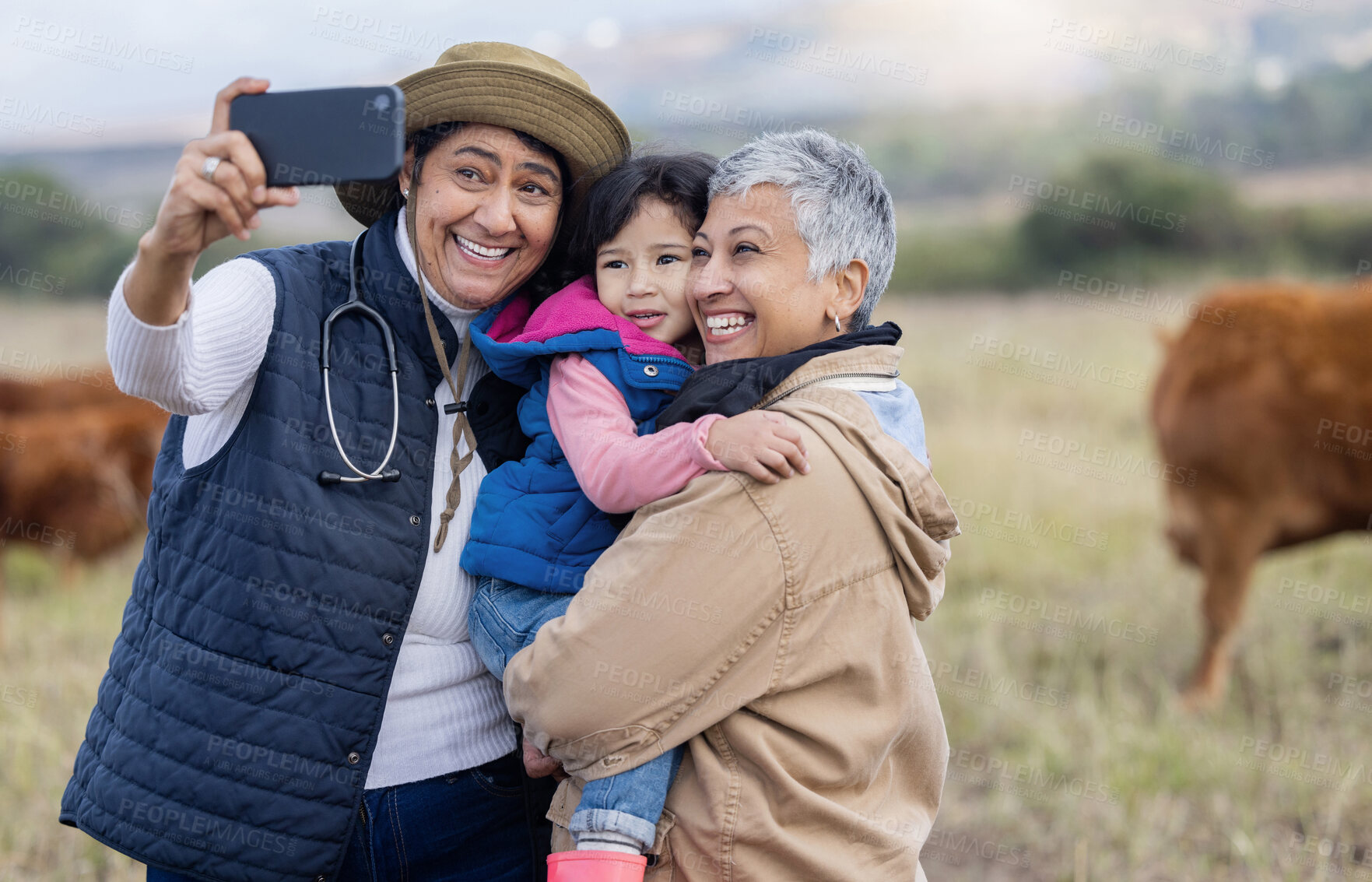 Buy stock photo Farm, selfie and grandparents with girl in countryside for holiday, vacation and adventure on grass field. Smile, family and happy child with grandma for quality time on ranch, nature and farming