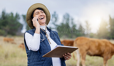 Buy stock photo Veterinarian, phone call or happy woman laughing on farm to check cattle livestock wellness or animals environment. Field, joke or funny senior person networking to protect cows healthcare on barn