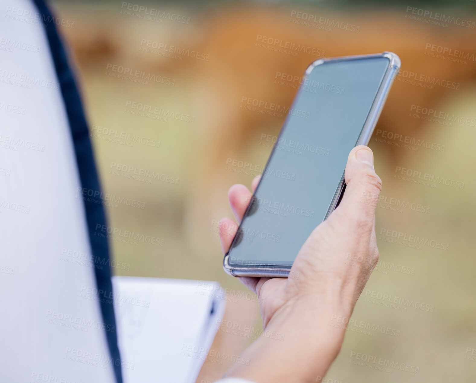 Buy stock photo Hands, phone screen and mockup with farmer on farm for advertising, marketing or product placement. Agriculture branding, agro technology and woman with 5g mobile smartphone for sustainable tech.