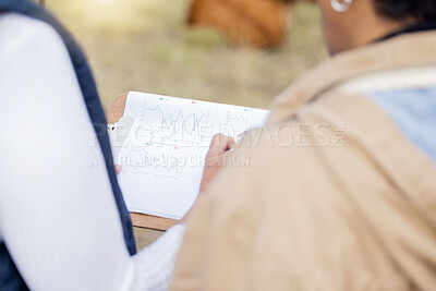 Buy stock photo Chart, farmer or veterinarian writing checklist to monitor land or nature wellness or agriculture on field. Blurry, paperwork on clipboard or healthcare people working on barn with data analysis info