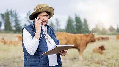 Buy stock photo Farm, veterinary and woman on a phone call with clipboard for inspection, healthcare and cow wellness. Agriculture, communication and senior vet working in countryside, cattle farming and livestock
