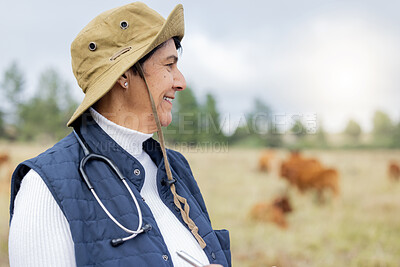 Buy stock photo Farm, vet and mockup with a woman outdoor on a field for agriculture, sustainability or animal health. Doctor, veterinary and healthcare with a female medicine professional in the countryside