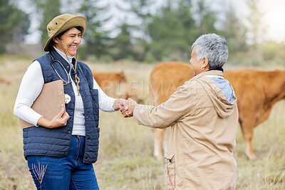 Buy stock photo Farm, handshake and collaboration with a woman in agriculture saying thank you to a colleague for sustainability. Agriculture, shaking hands and teamwork with a cattle farmer women in partnership