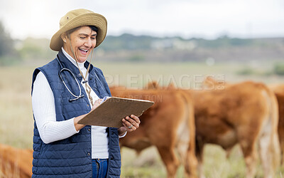 Buy stock photo Cow veterinary, agriculture and woman with clipboard for growth inspection, checklist and animal wellness. Farm, healthcare and happy senior vet working in countryside, cattle farming and livestock