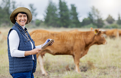 Buy stock photo Farm, cow veterinary and portrait of woman with clipboard for inspection, checklist and animal wellness. Agriculture, healthcare and senior vet working in countryside, cattle farming and livestock