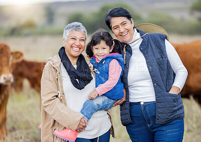 Buy stock photo Farm, agriculture and portrait of grandparents with girl in countryside for farming, livestock and agro. Sustainability, family and child with cows for farmer, animal produce and eco friendly ranch