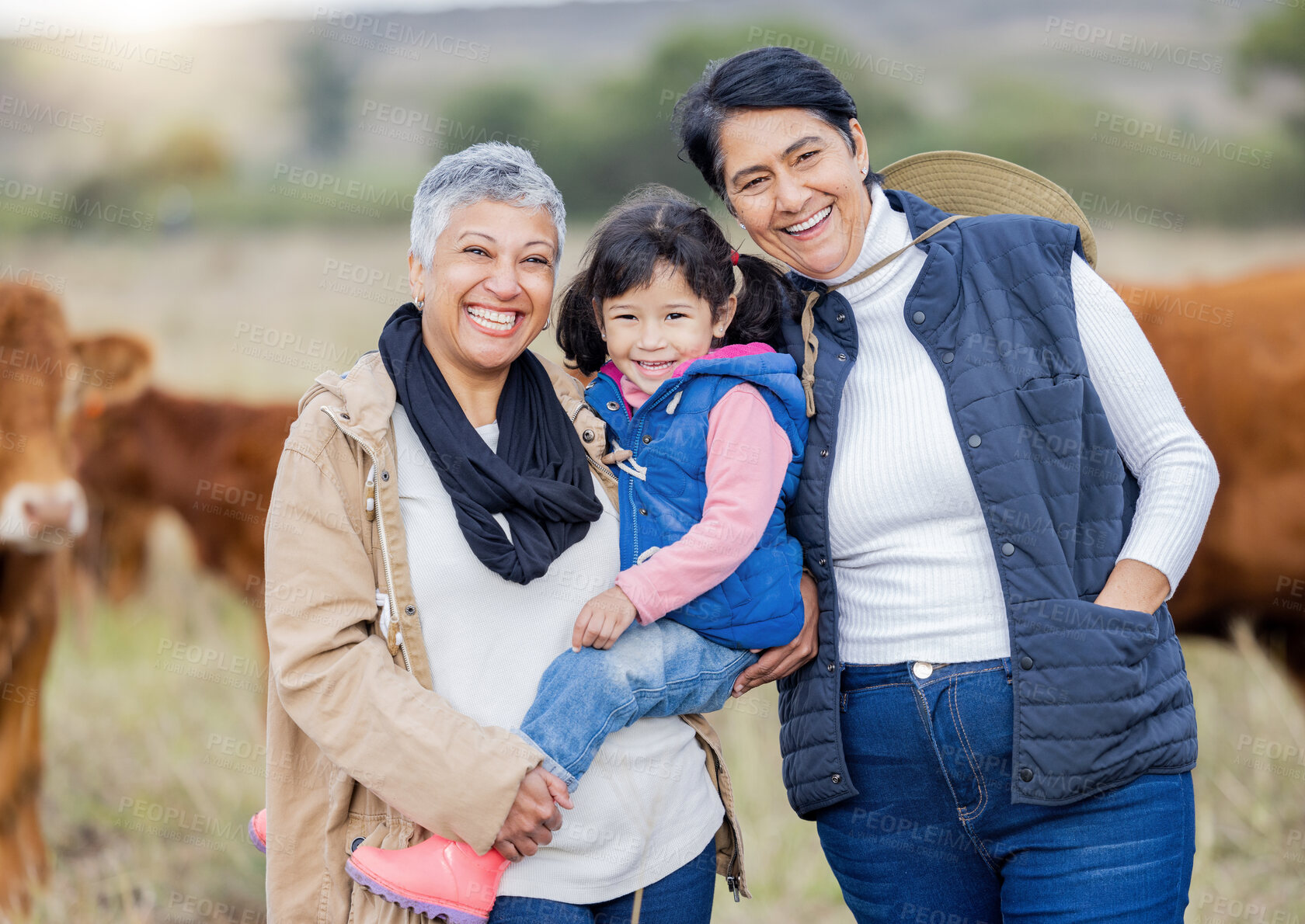 Buy stock photo Farm, agriculture and portrait of grandparents with girl in countryside for farming, livestock and agro. Sustainability, family and child with cows for farmer, animal produce and eco friendly ranch