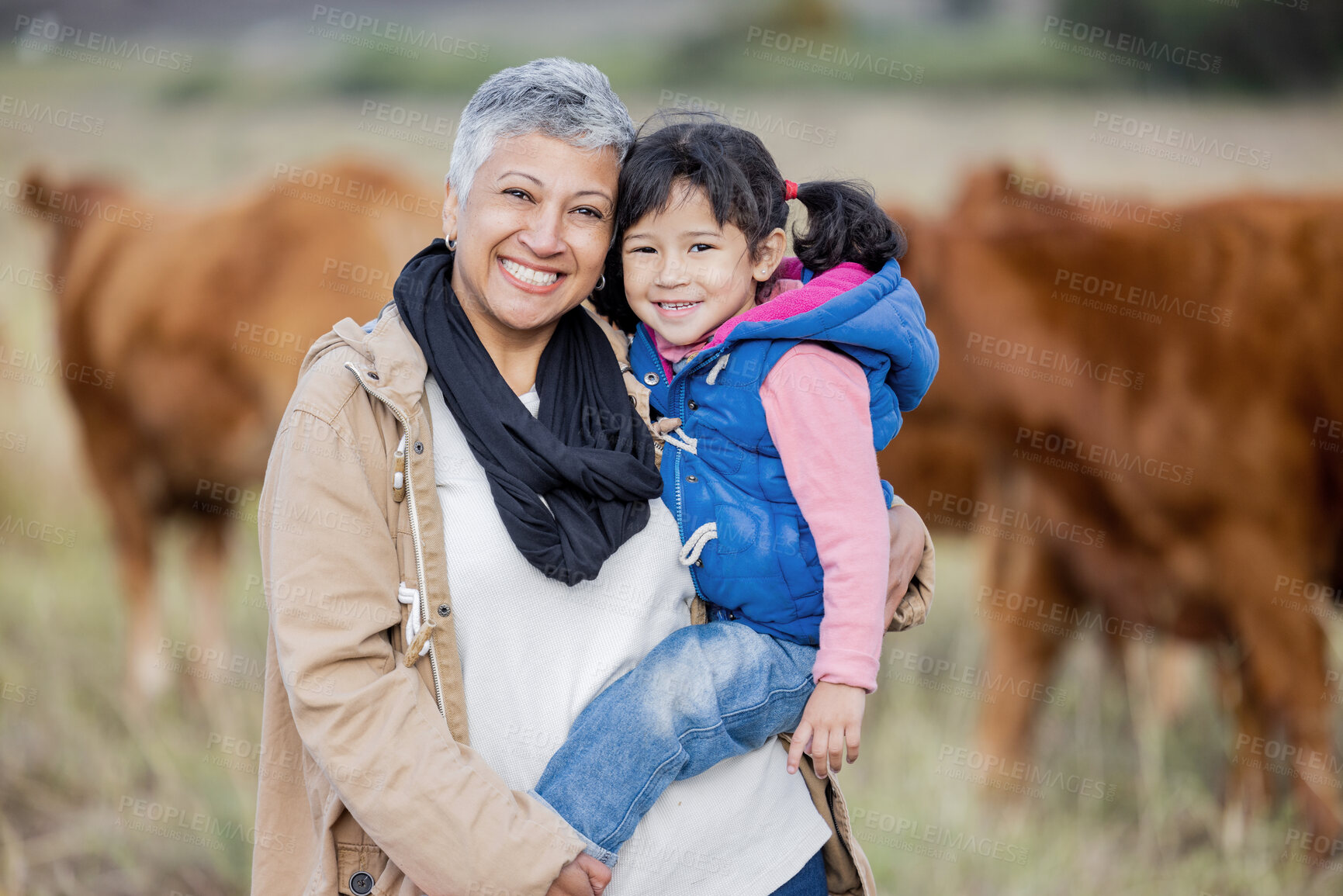 Buy stock photo Bonding, happy and portrait of a grandmother with child on a farm for farming experience in South Africa. Nature, love and senior woman with a girl on countryside for agriculture and sustainability