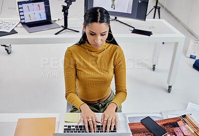 Buy stock photo Photography editing, creative typing and woman working on web software for photo edit. Media, fashion photographer and photoshoot planning of a female studio employee doing computer work for press