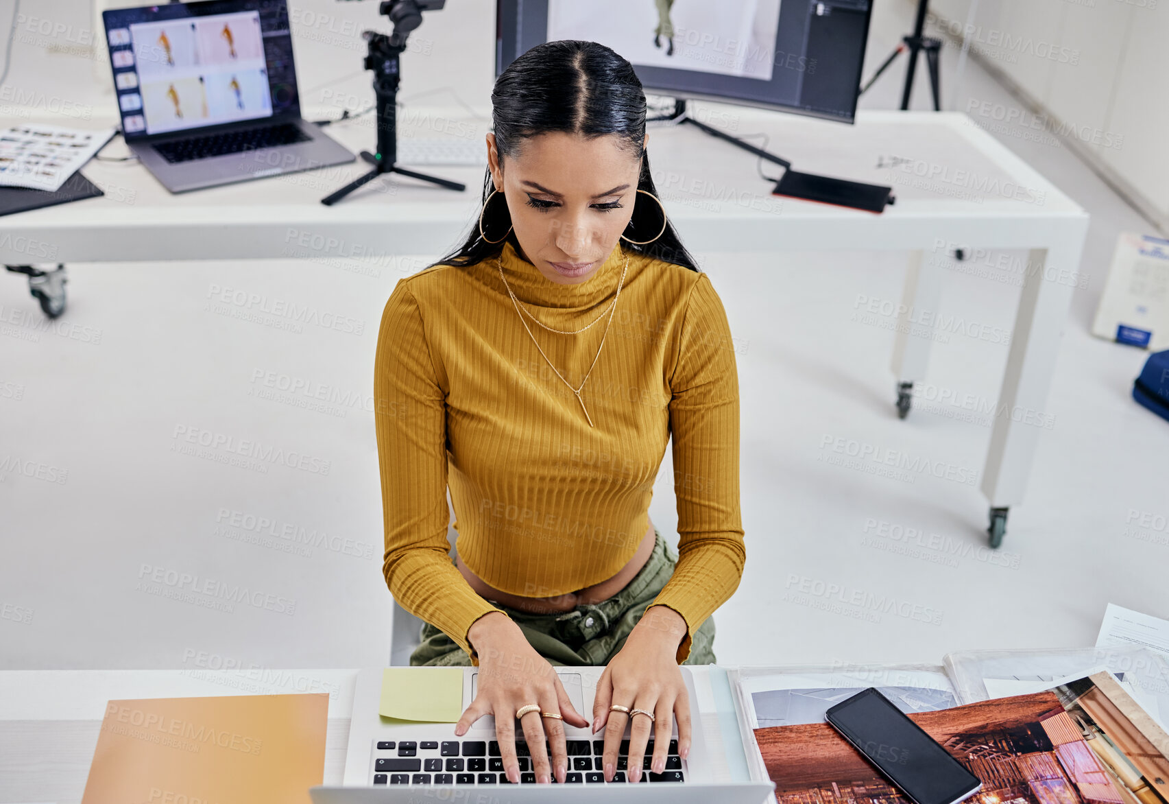 Buy stock photo Photography editing, creative typing and woman working on web software for photo edit. Media, fashion photographer and photoshoot planning of a female studio employee doing computer work for press