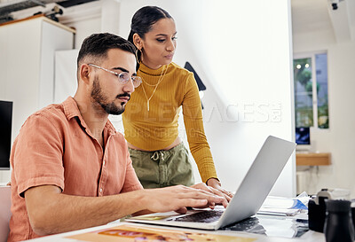 Buy stock photo Photography production, laptop and web collaboration of creative design employee after photoshoot. Studio, teamwork and magazine shoot planning of photographer agency workers with communication