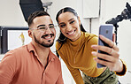 Couple, phone selfie and film studio for smile, camera and vision for fashion, magazine and app. Photographer girl, focus and smartphone with social media, happy or photoshoot for gen z partnership