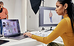 Photography editing, creative process and woman working on web software for photo edit. Media, fashion photographer and photoshoot planning of a studio employee doing computer work for press