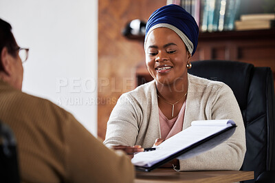 Buy stock photo Legal, signature or contract with black woman with senior planning on documents for insurance, loan or agreement. Lawyer, financial advisor and consulting with elderly for retirement deal will review