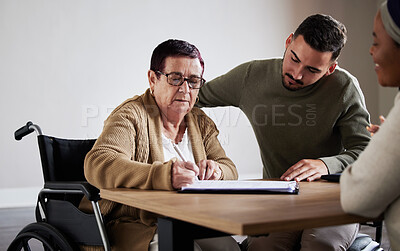 Buy stock photo Legal, contract or senior woman signature for disability compensation, planning insurance or agreement. Lawyer, financial advisor and consulting with man and mother for retirement deal review sign
