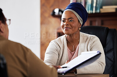 Buy stock photo Signature, insurance or legal black woman with senior planning on documents for contract, loan or agreement. Lawyer, financial advisor and consulting with elderly for retirement deal will review