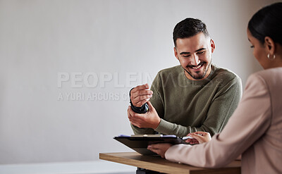 Buy stock photo Lawyer woman with man for legal contract success review on documents for insurance, compliance and HR agreement. Mockup, advisor and consulting client for security claim or disability compensation 