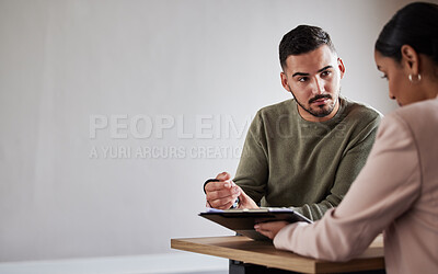 Buy stock photo Legal contract, injury or man with lawyer woman planning labor law for insurance, compliance and HR agreement. Mockup, advisor and consulting client for security claim or disability compensation 