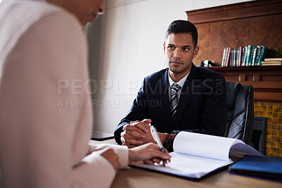 Buy stock photo Legal, signature and contract with woman planning on documents for partnership, b2b and agreement. Lawyer, financial advisor and consulting with man for divorce, deal or paperwork review and sign 
