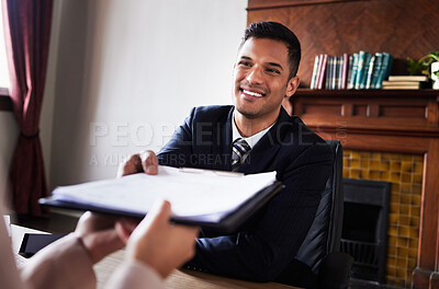 Buy stock photo Lawyer man, giving documents and office with agreement, smile and contract for service at law firm. Happy attorney, paperwork or legal document with hands, client and helping hand at negotiation