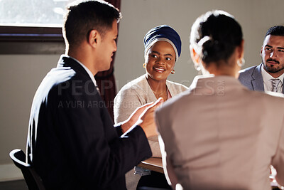 Buy stock photo Lawyer, teamwork or people in meeting for court case planning, strategy discussion or communication in office. Law firm, corporate or collaboration for evidence review, legal conversation or research