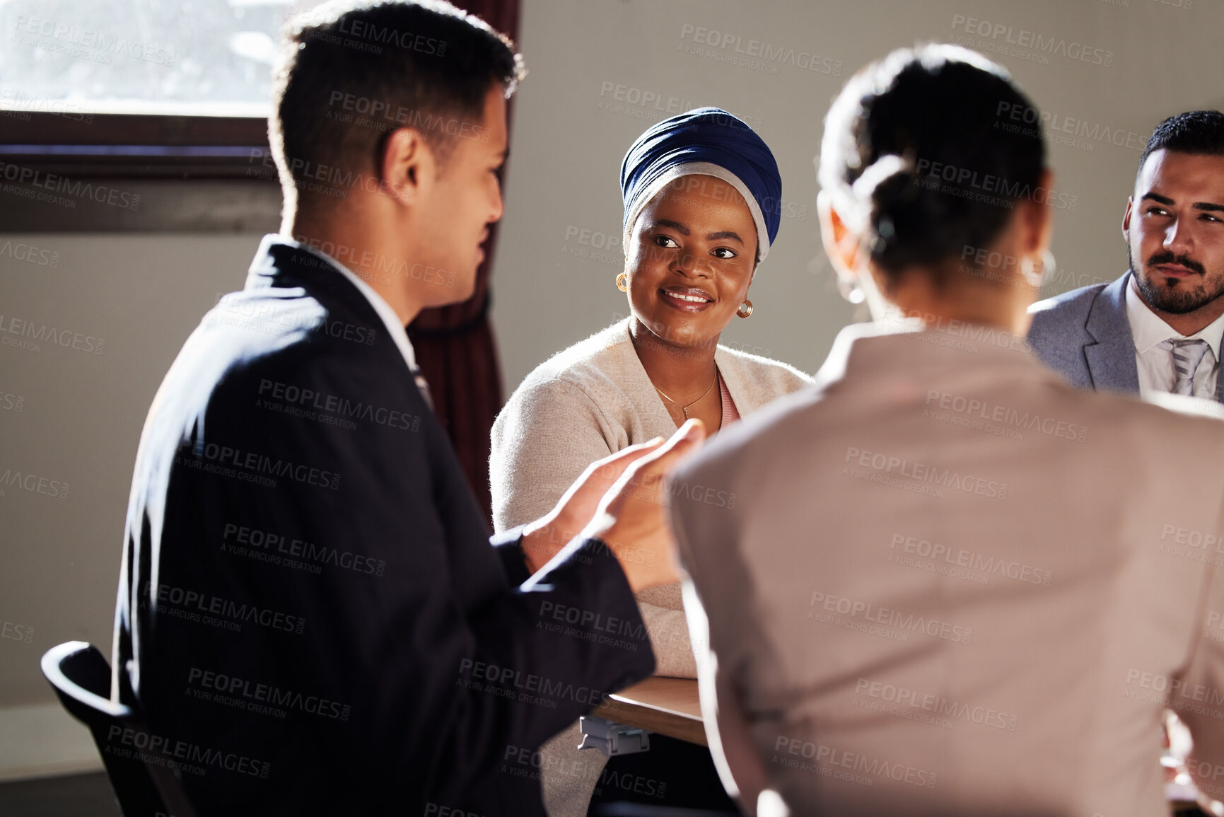 Buy stock photo Lawyer, teamwork or people in meeting for court case planning, strategy discussion or communication in office. Law firm, corporate or collaboration for evidence review, legal conversation or research