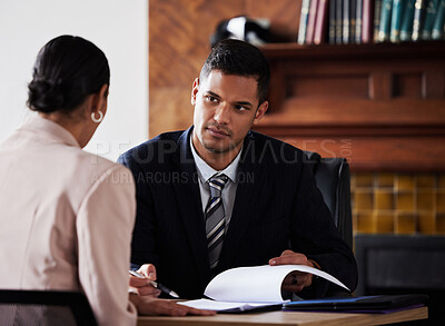 Buy stock photo Contract, signature and attorney consulting a client in his office with legal paperwork or agreement. Signature, approval and male lawyer in discussion with woman with a document to sign in workplace