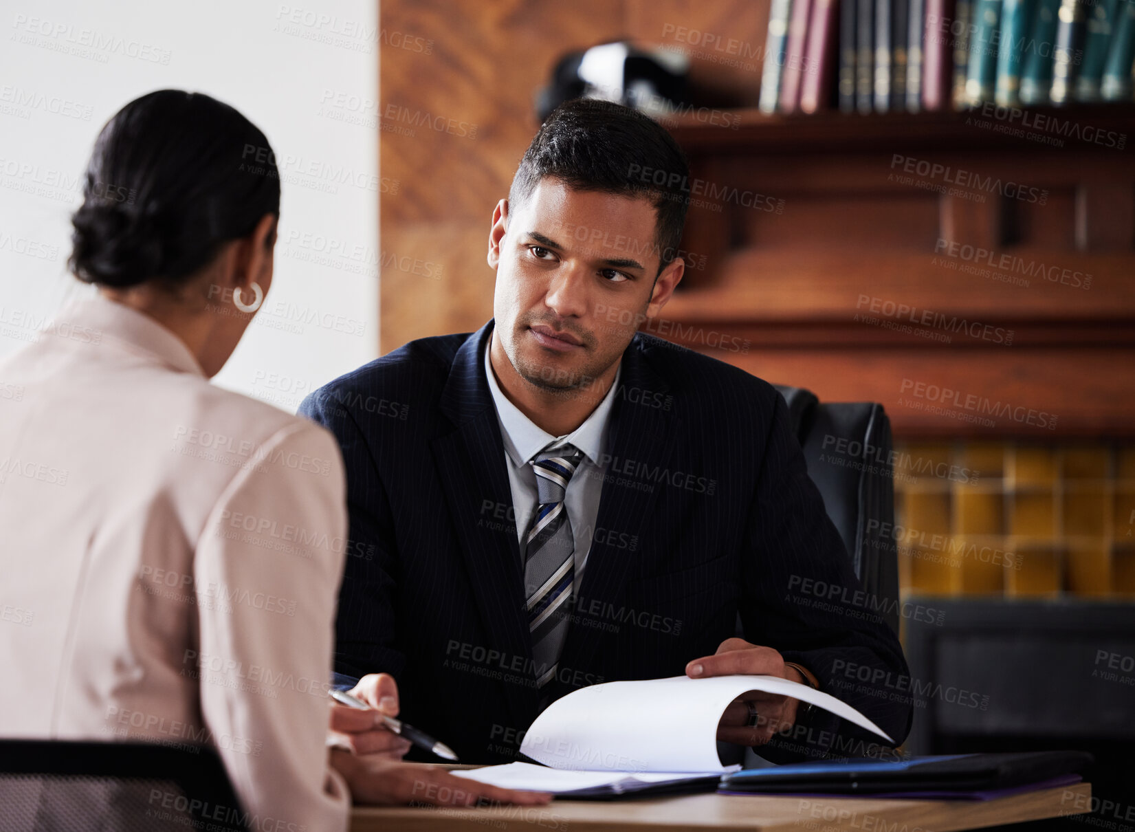 Buy stock photo Contract, signature and attorney consulting a client in his office with legal paperwork or agreement. Signature, approval and male lawyer in discussion with woman with a document to sign in workplace