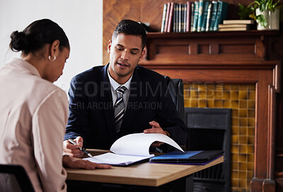 Buy stock photo Contract, signing and lawyer consulting a client in his office with legal paperwork or agreement. Signature, approval and businessman in discussion with a woman with a document to sign in workplace.