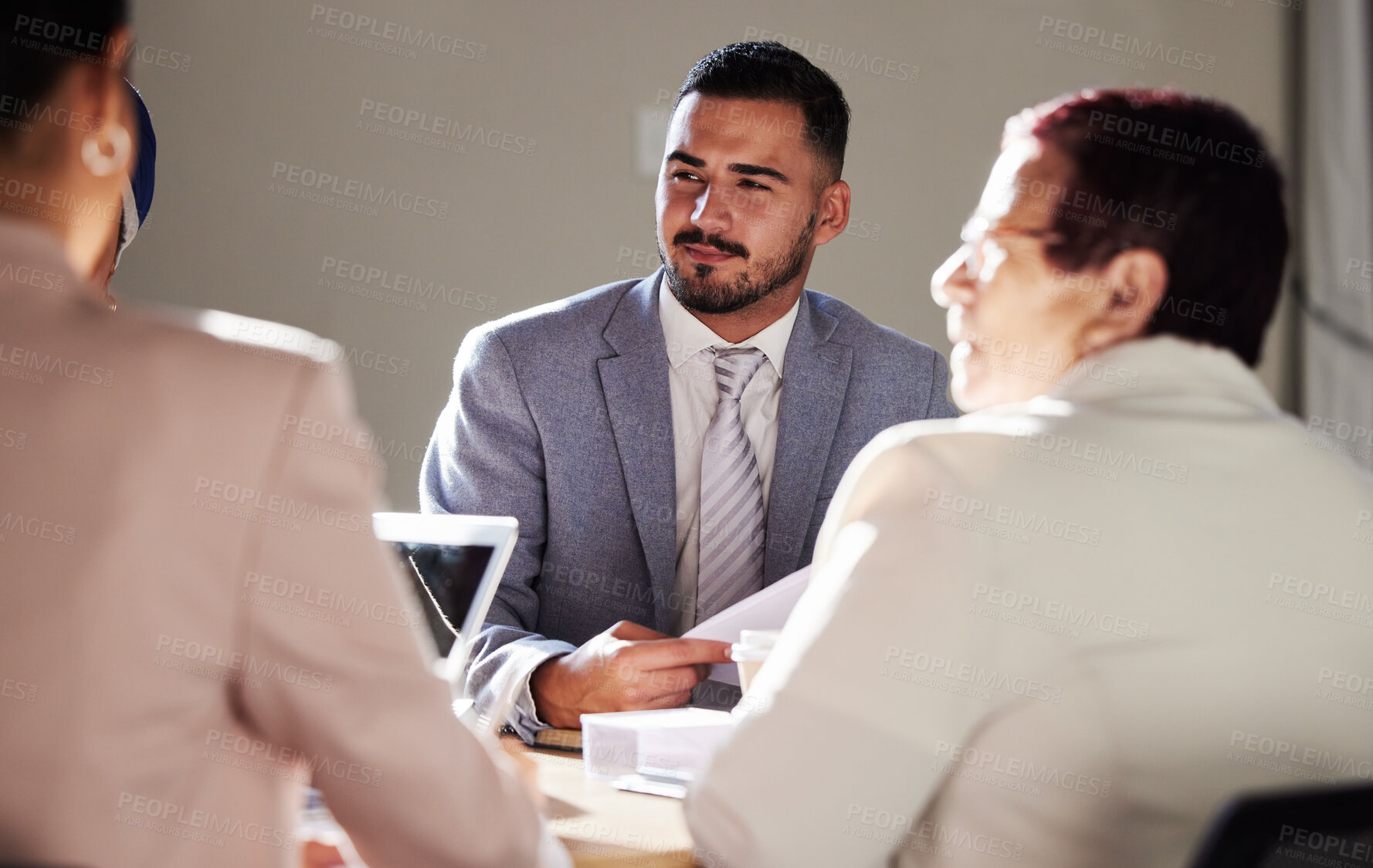 Buy stock photo Teamwork, people in meeting or lawyer for court case planning, strategy discussion or communication in office. Law firm, corporate or collaboration for evidence review, legal conversation or report