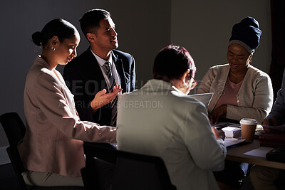 Buy stock photo Lawyer people, meeting and planning with business, goal or vision for law company or integration in office at night. Partnership, discussion and collaboration by team in legal strategy or negotiation