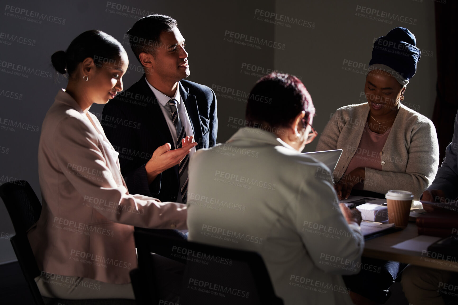 Buy stock photo Lawyer people, meeting and planning with business, goal or vision for law company or integration in office at night. Partnership, discussion and collaboration by team in legal strategy or negotiation