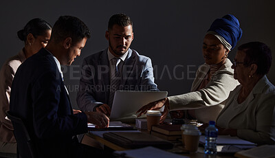 Buy stock photo Business meeting, people and laptop for idea, goal or vision for startup, company or integration at night in office. Partnership, planning or collaboration by team discuss strategy or negotiation