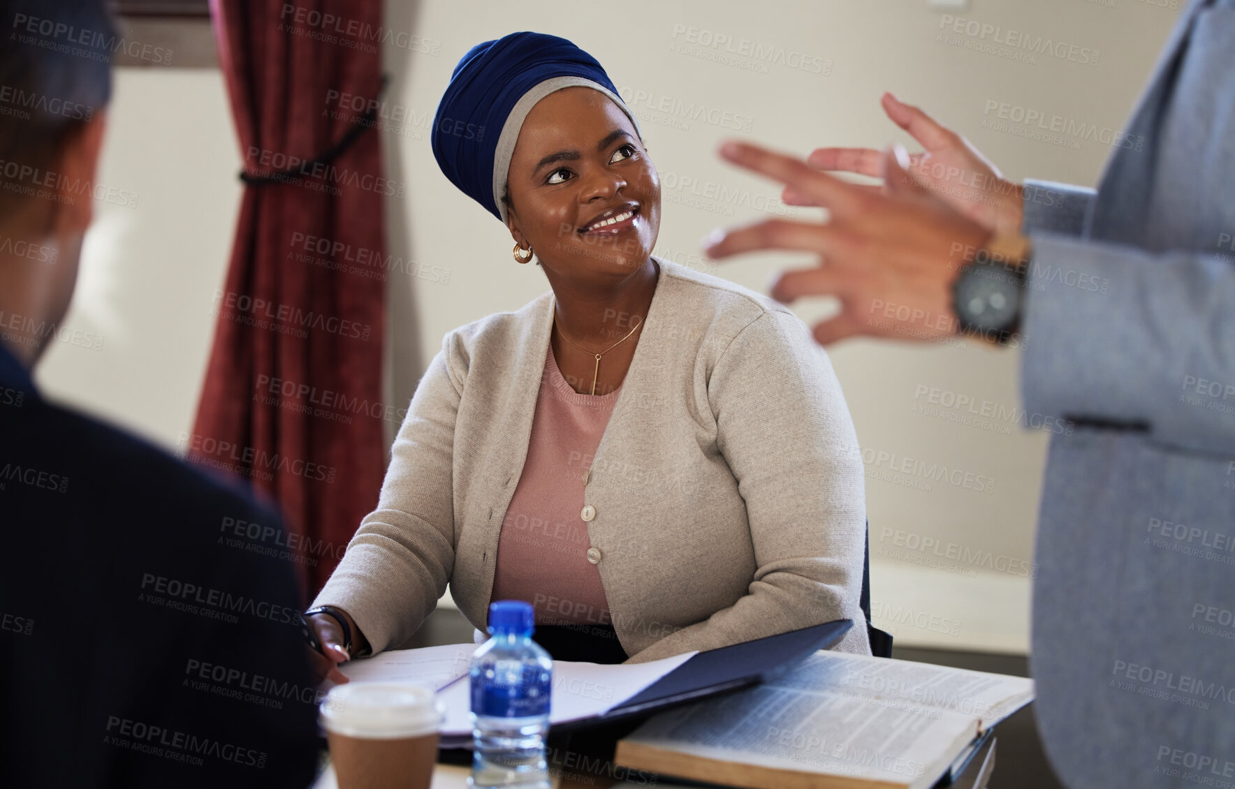 Buy stock photo Religion, bible study and black woman Christian learning about God, Lord and Jesus in an office with church leader. Happy, holy and spiritual female studying to worship and praise for faith  