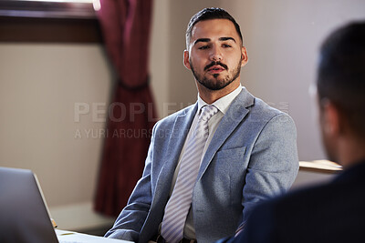 Buy stock photo Advocate, teamwork or people in meeting for court case planning, strategy or communication in office. Law firm, corporate lawyer or collaboration for evidence review, legal conversation or advice