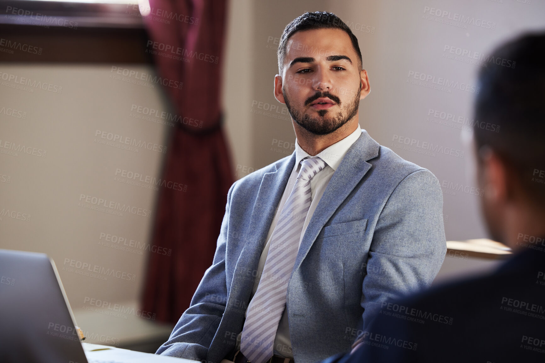 Buy stock photo Advocate, teamwork or people in meeting for court case planning, strategy or communication in office. Law firm, corporate lawyer or collaboration for evidence review, legal conversation or advice