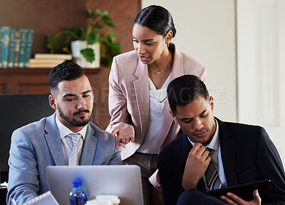 Buy stock photo Business meeting, consulting and collaboration on laptop with teamwork for legal strategy in an advocate office. Lawyer group with tech in a brainstorming, planning with innovation for court case or