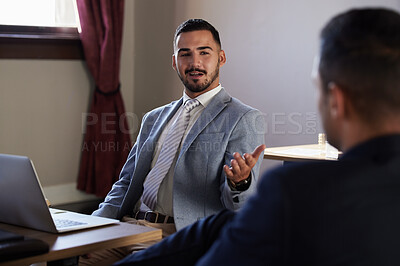 Buy stock photo Lawyer, teamwork or corporate men in meeting for court case planning, strategy or communication in office. Law firm,  collaboration or people for evidence review, legal conversation or solution