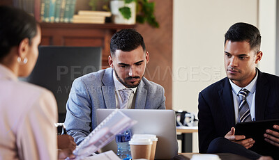 Buy stock photo Research, lawyer teamwork or people in meeting with laptop for court case planning, strategy or contract in office. Law firm, corporate or collaboration for evidence review, legal b2b report reading