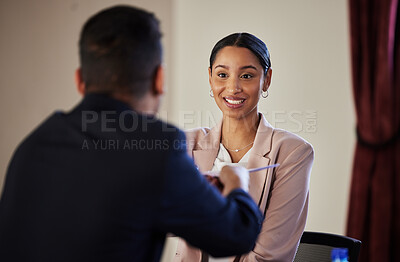 Buy stock photo Lawyer, contract or people for teamwork in meeting for court case planning, strategy or report in office. Law firm, corporate or collaboration for evidence review, legal conversation or research