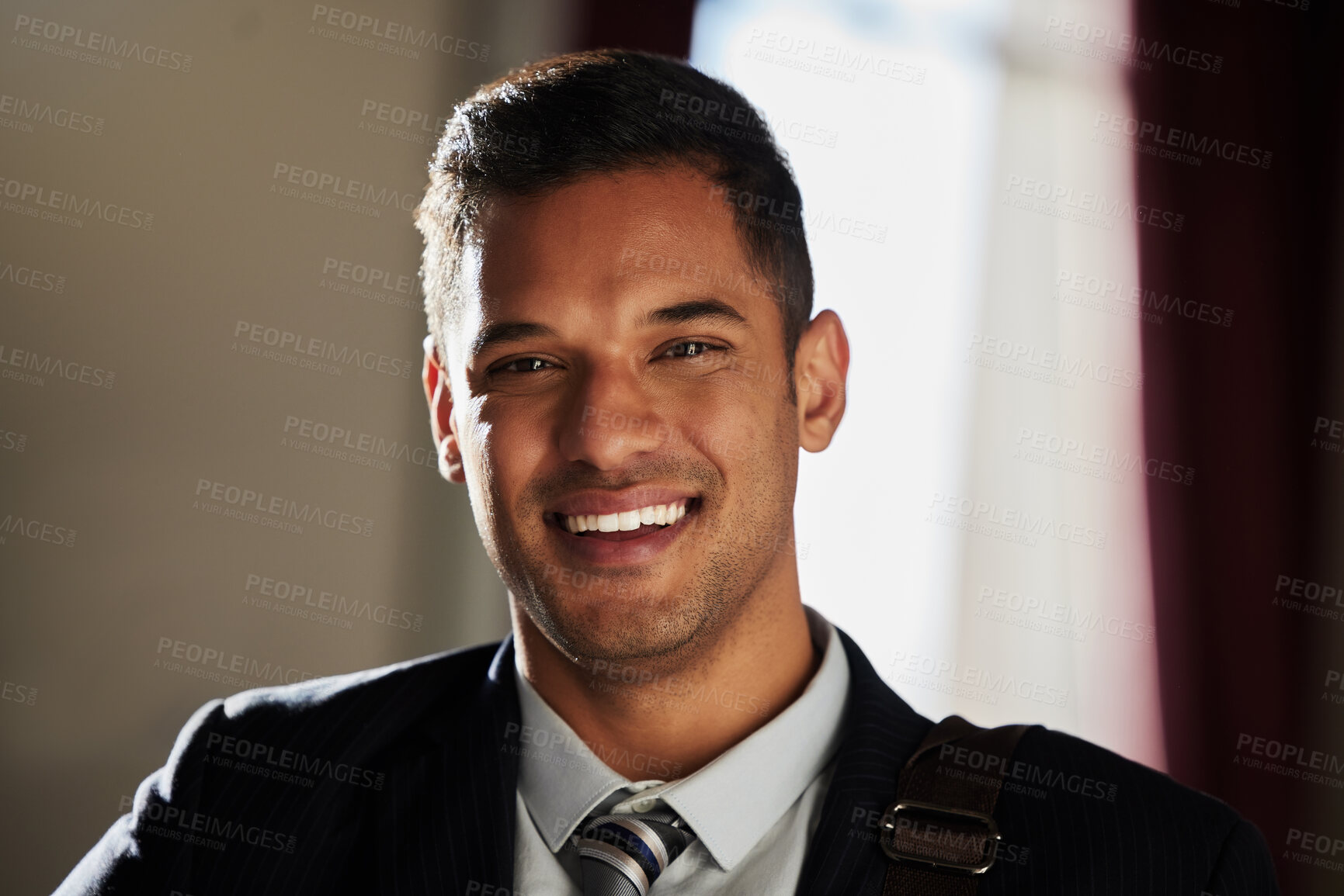 Buy stock photo Smile, business man and portrait of lawyer happy as a legal worker in office ready for corporate law. Businessman, company employee and notary advocate with consultant and professional success 