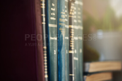 Buy stock photo Education, learning and books on a shelf for knowledge, law and college studying. Library, scholarship and a bookshelf at a school or university with a vintage catalog of books for academic research